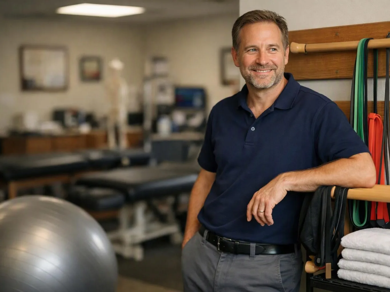 A smiling man in a navy polo leans on a wooden rack in a therapy room with exercise gear