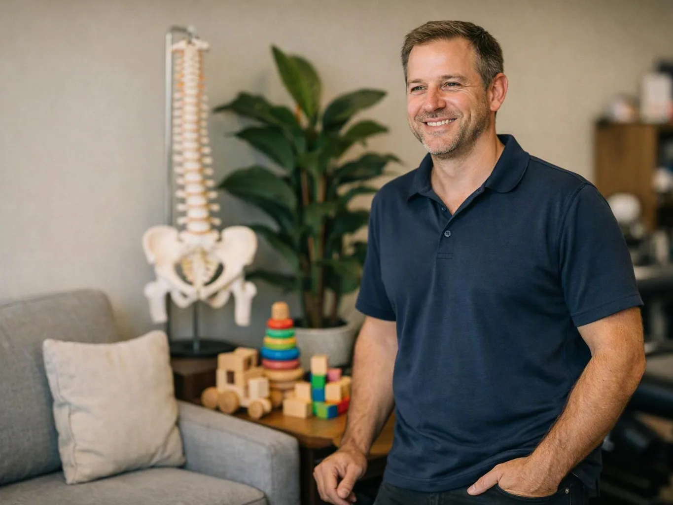 A smiling man in a navy polo stands beside a toy table and a spine model in a clinic room