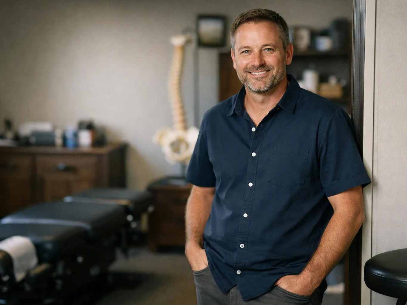 A smiling man in a navy shirt stands in a chiropractic exam room with tables and a spine model in the background