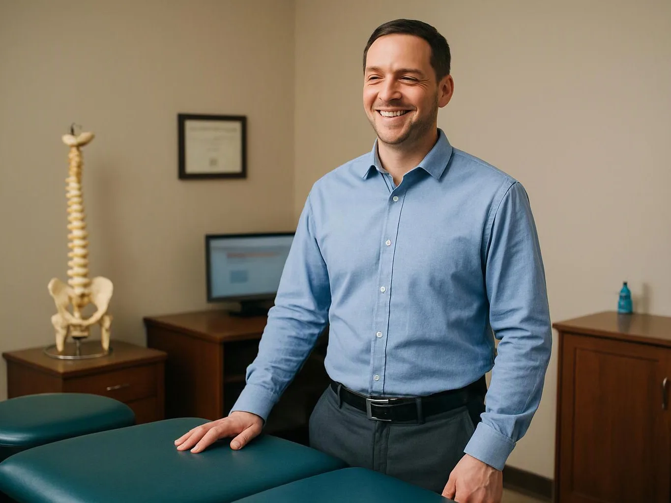 A smiling man stands beside a teal treatment table in a clinic room with a spine model and computer monitor