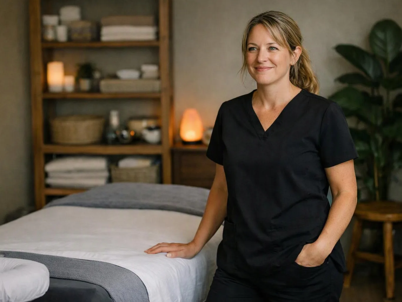 A smiling woman in black scrubs stands beside a neatly made massage table in a calm treatment room