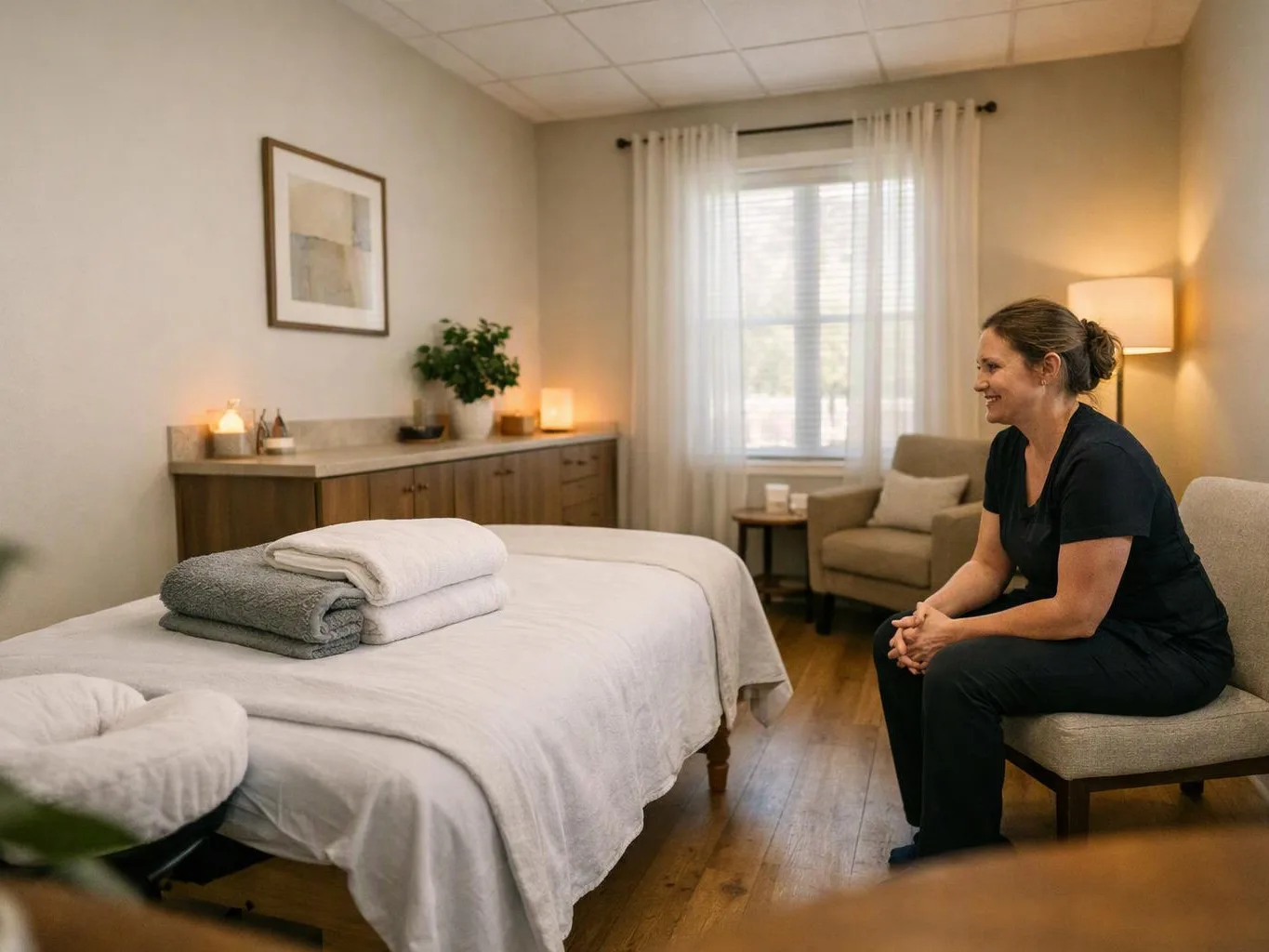 A smiling woman sits on a chair in a calm massage room with a treatment table and folded towels