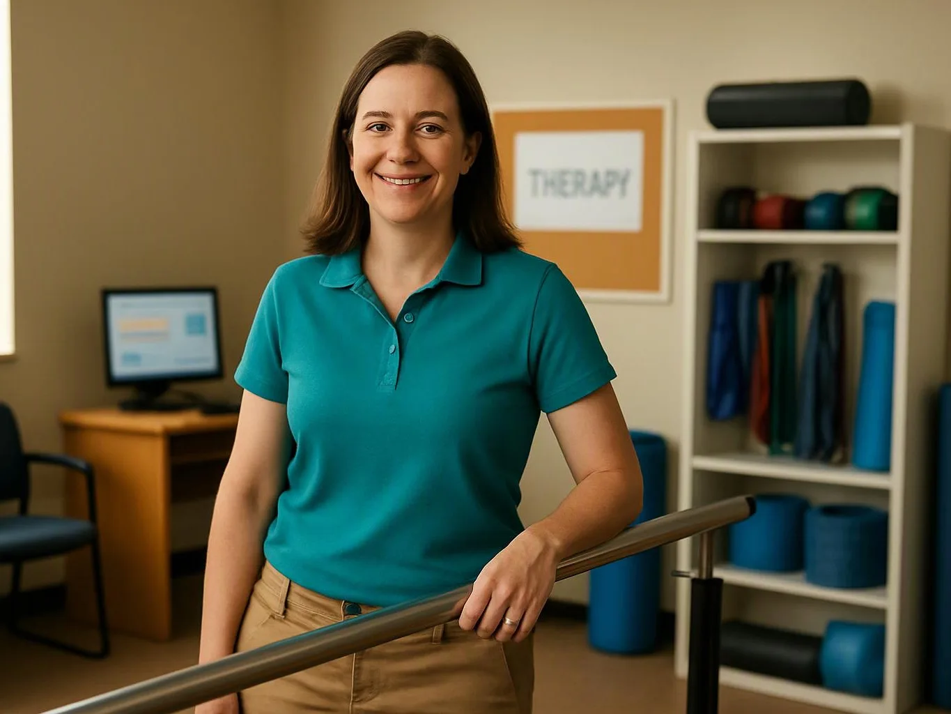 A smiling woman stands in a therapy room, resting one hand on a barre with exercise equipment behind her