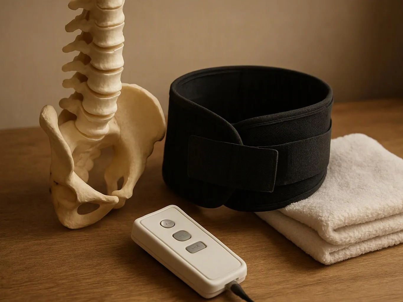 A spine model, black back brace, folded towel, and wired remote sit on a wooden table