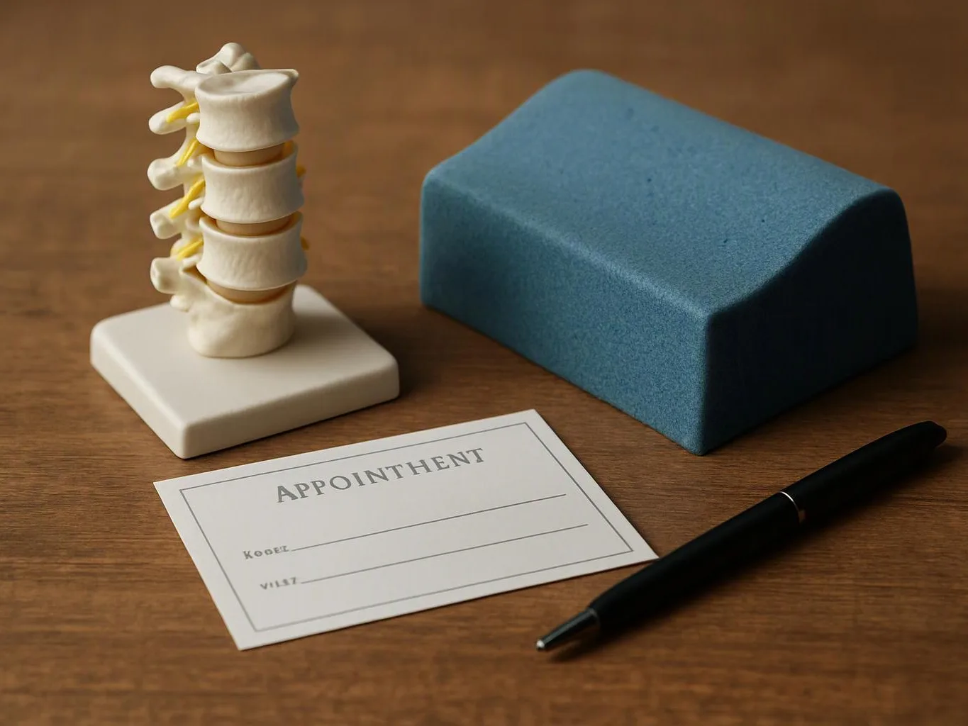 A spine model, blue cushion, appointment card, and pen sit on a wooden table