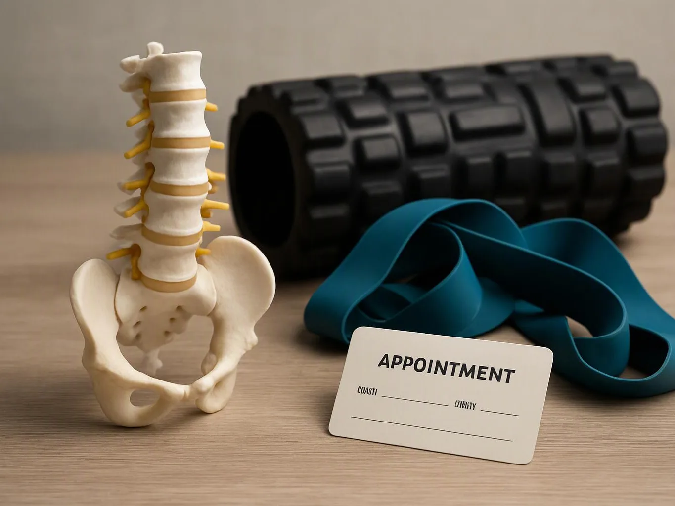 A spine model, foam roller, resistance band, and appointment card sit on a wooden surface