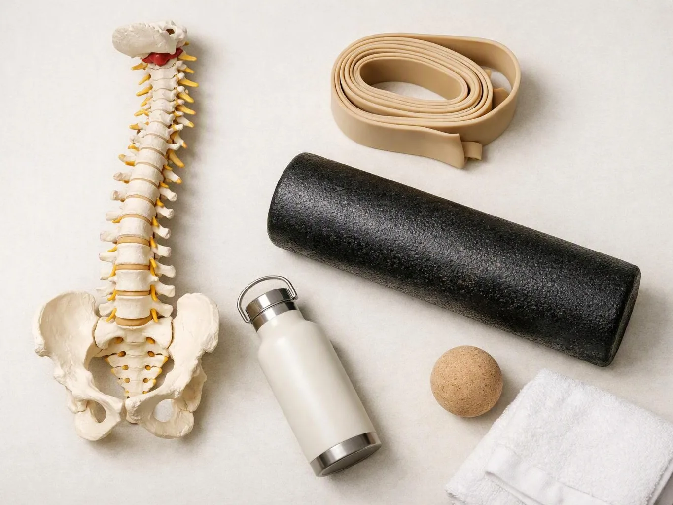 A spine model, foam roller, strap, bottle, massage ball, and folded towel lie on a light surface