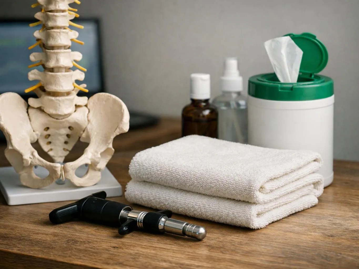A spine model, folded towels, tissue container, bottles, and a black massage tool sit on a wooden table
