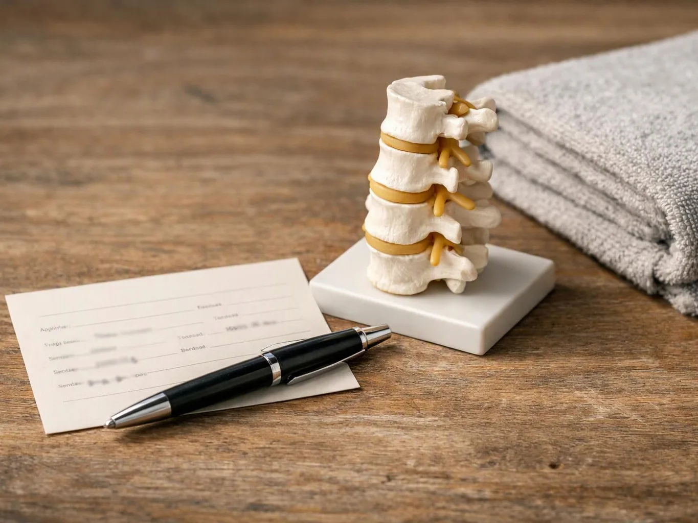 A spine model sits on a white stand beside a folded towel, a pen, and a form on a wooden table