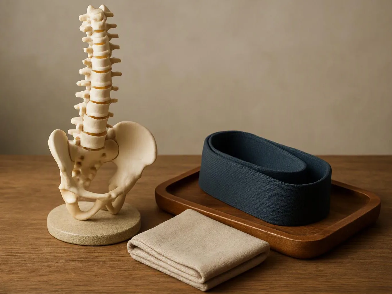 A spine model stands beside a folded beige cloth, a dark blue strap, and a wooden tray on a table