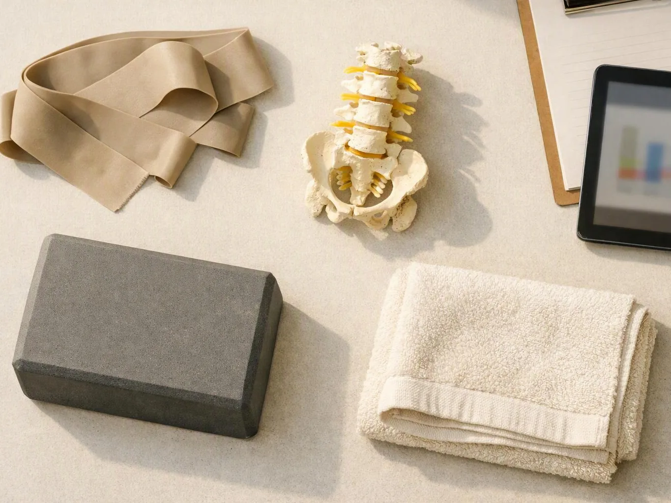 A tabletop display shows a spine model, folded fabric, a foam block, towels, and a tablet with a chart