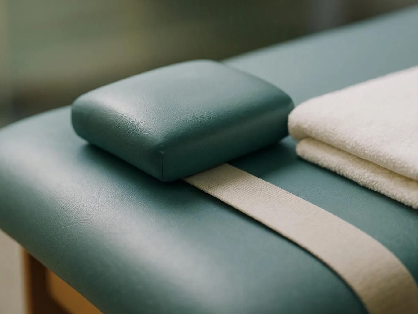 A teal padded treatment table holds a small cushion, a white strap, and folded white towels
