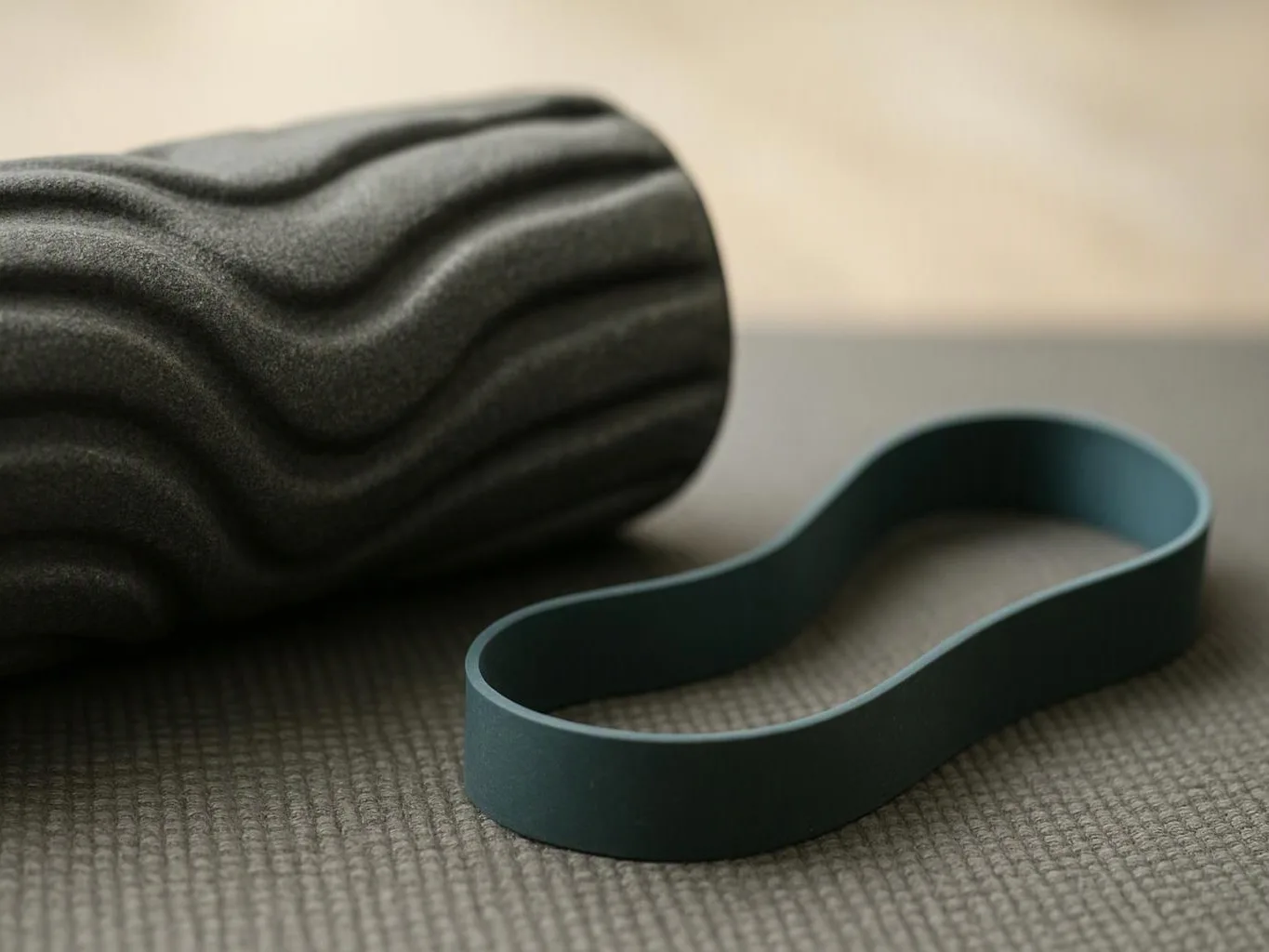 A textured black foam roller sits beside a green resistance band on a gray mat