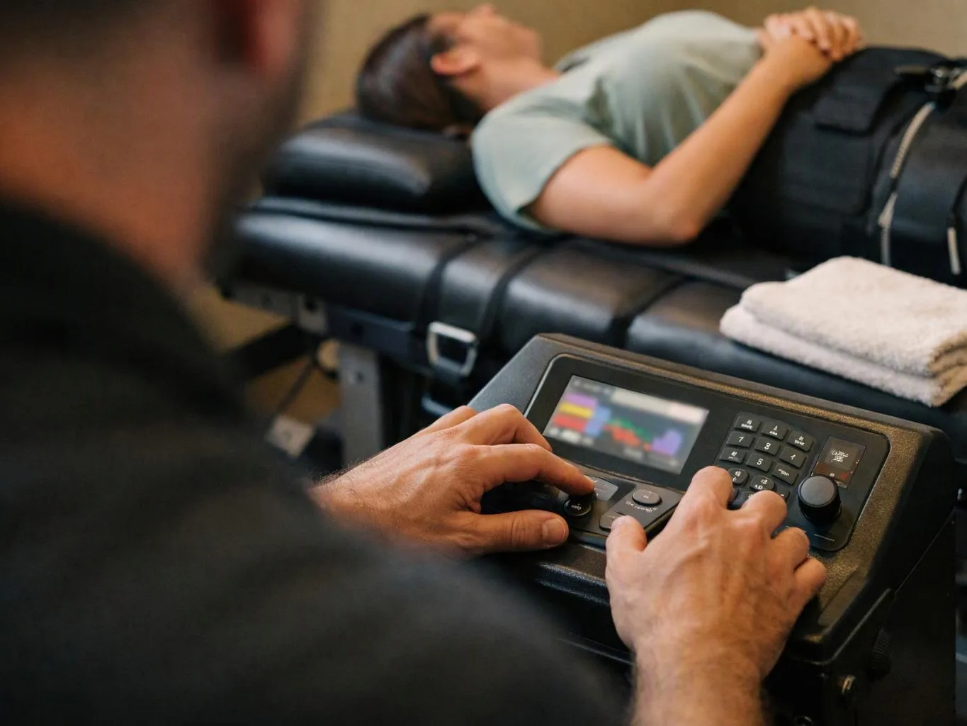 A therapist adjusts a treatment machine while a woman lies on a padded table with a folded towel nearby