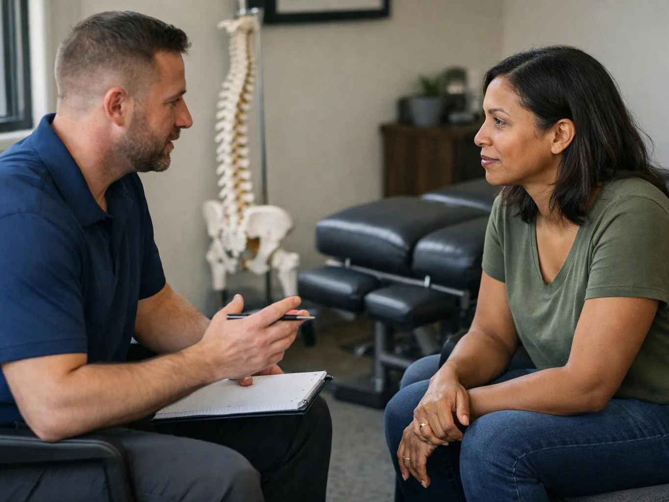 A therapist talks with a seated woman in a clinic room, with a spine model behind them