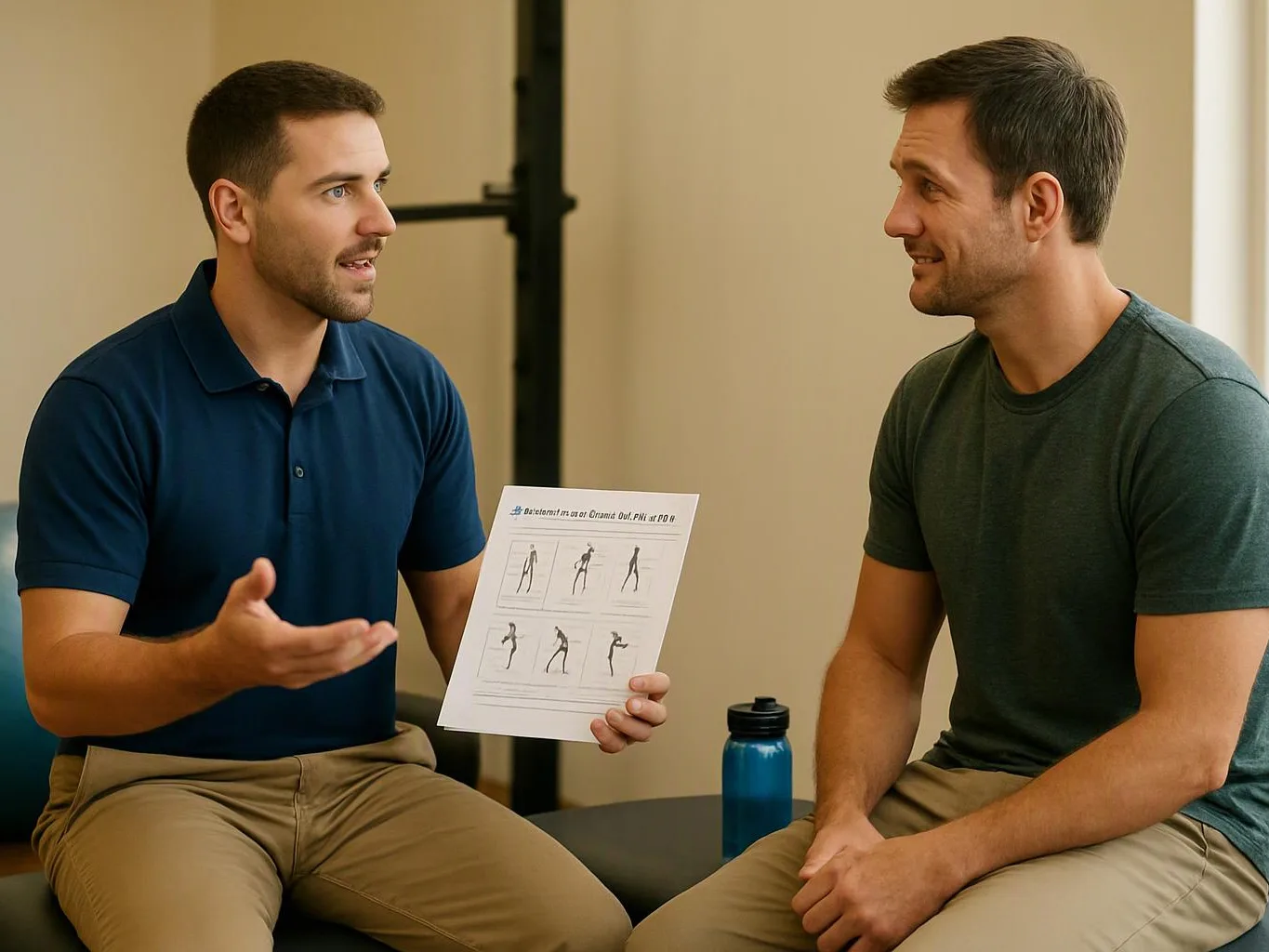 Two men sit facing each other in a room, one holding an exercise sheet and talking, with a water bottle nearby