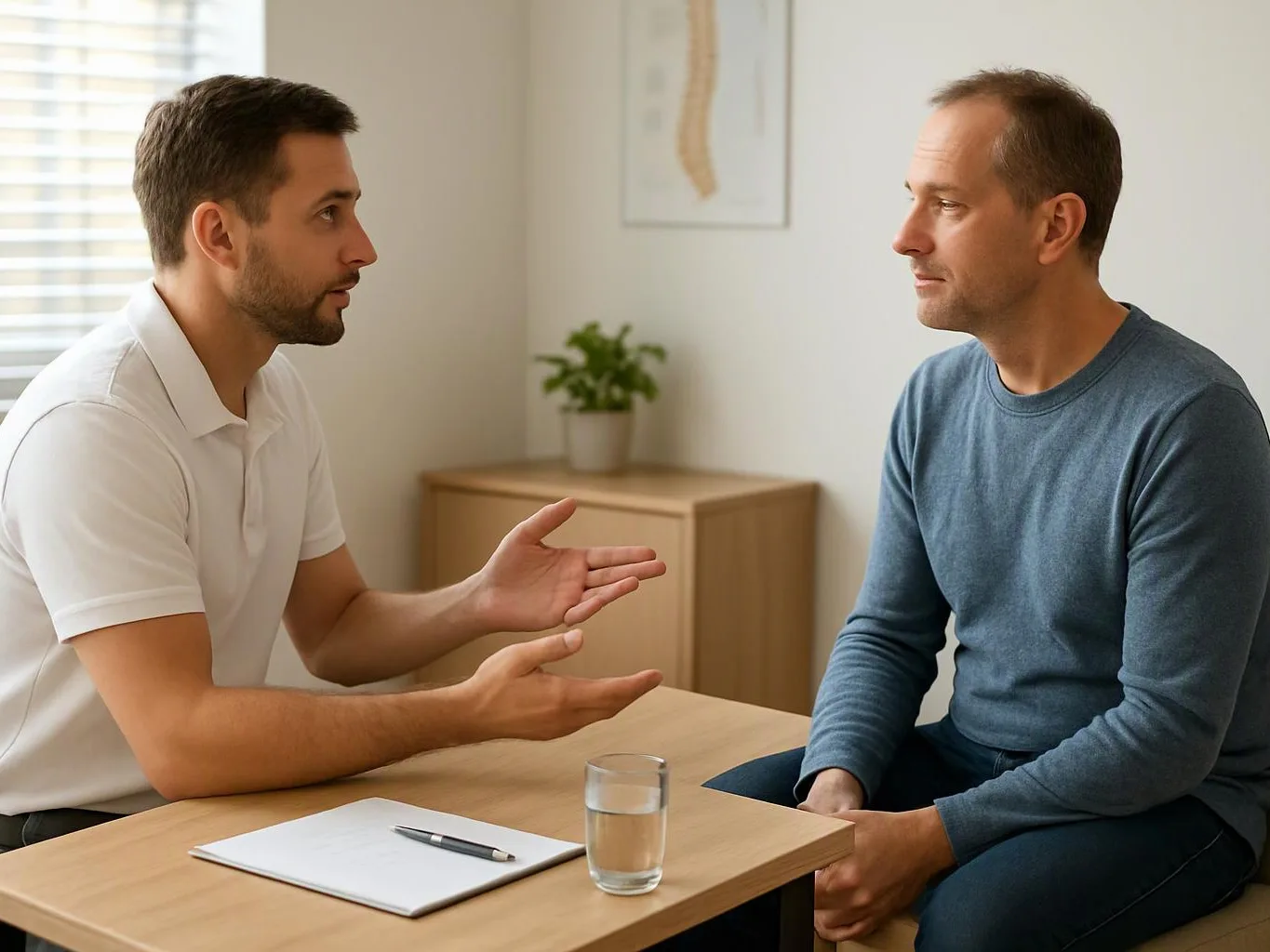 Two men sit at a table, one gesturing while talking and the other listening in a bright room