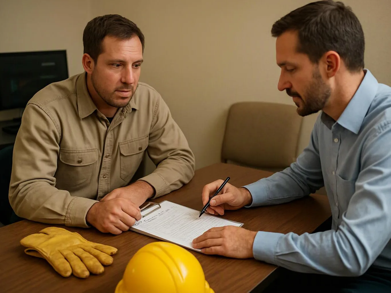 Two men sit at a table, one signs a form while yellow gloves and a hard hat rest nearby
