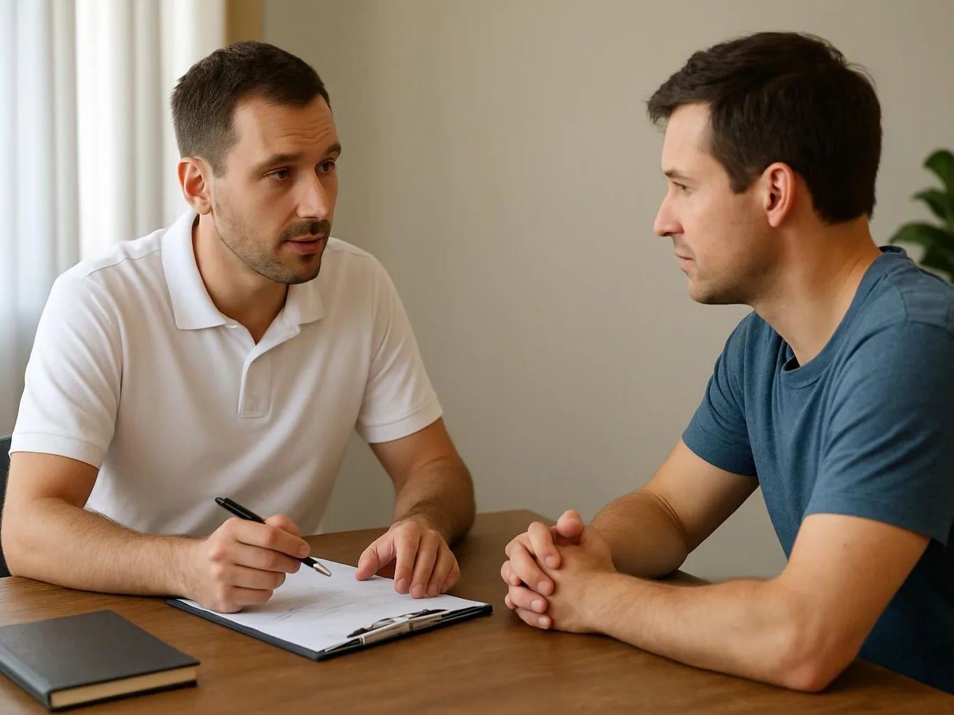 Two men sit at a table, one writing on a clipboard while they talk in a plain room