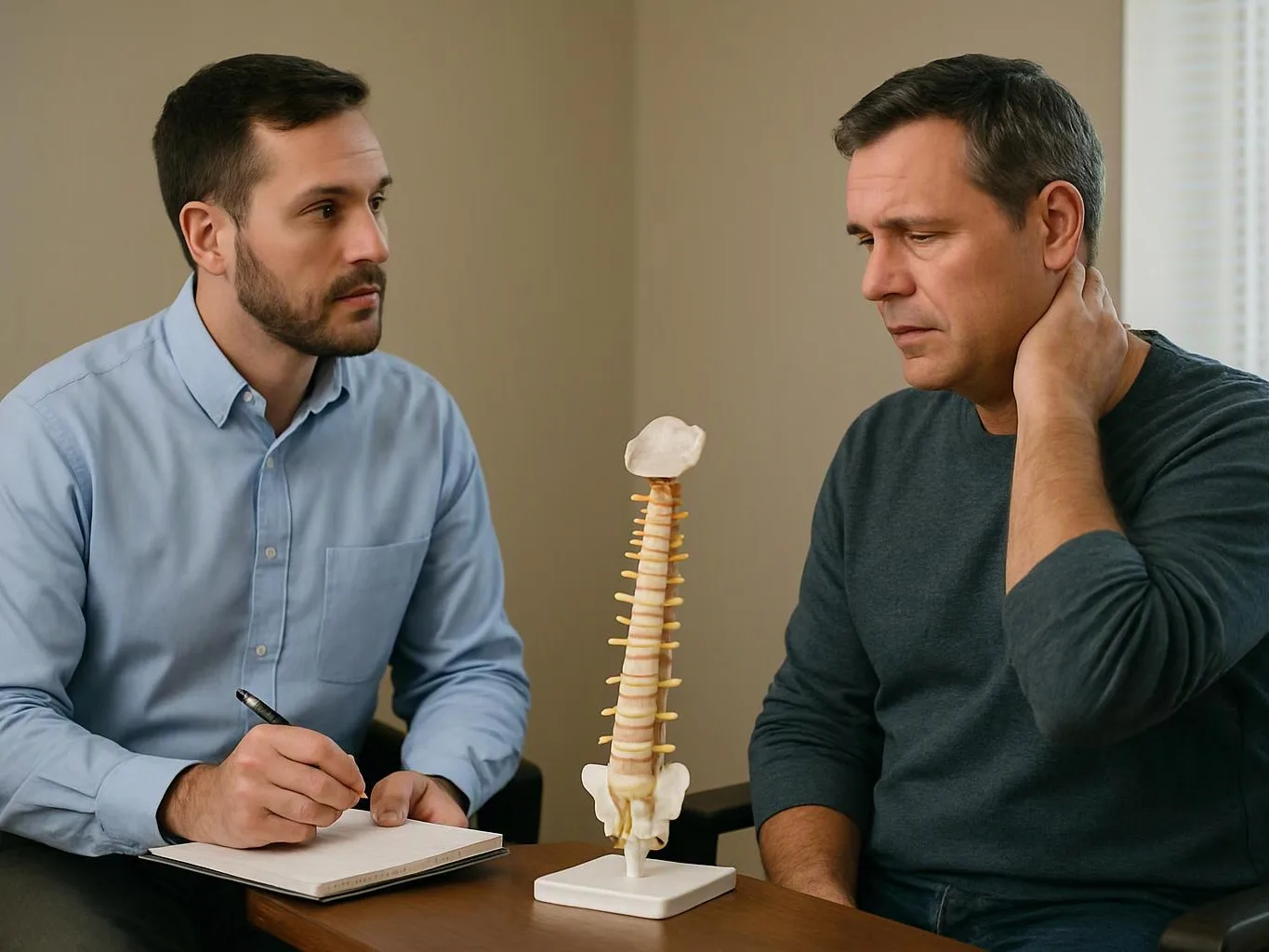 Two men sit at a table with a spine model between them, one taking notes while the other holds his neck in a plain room