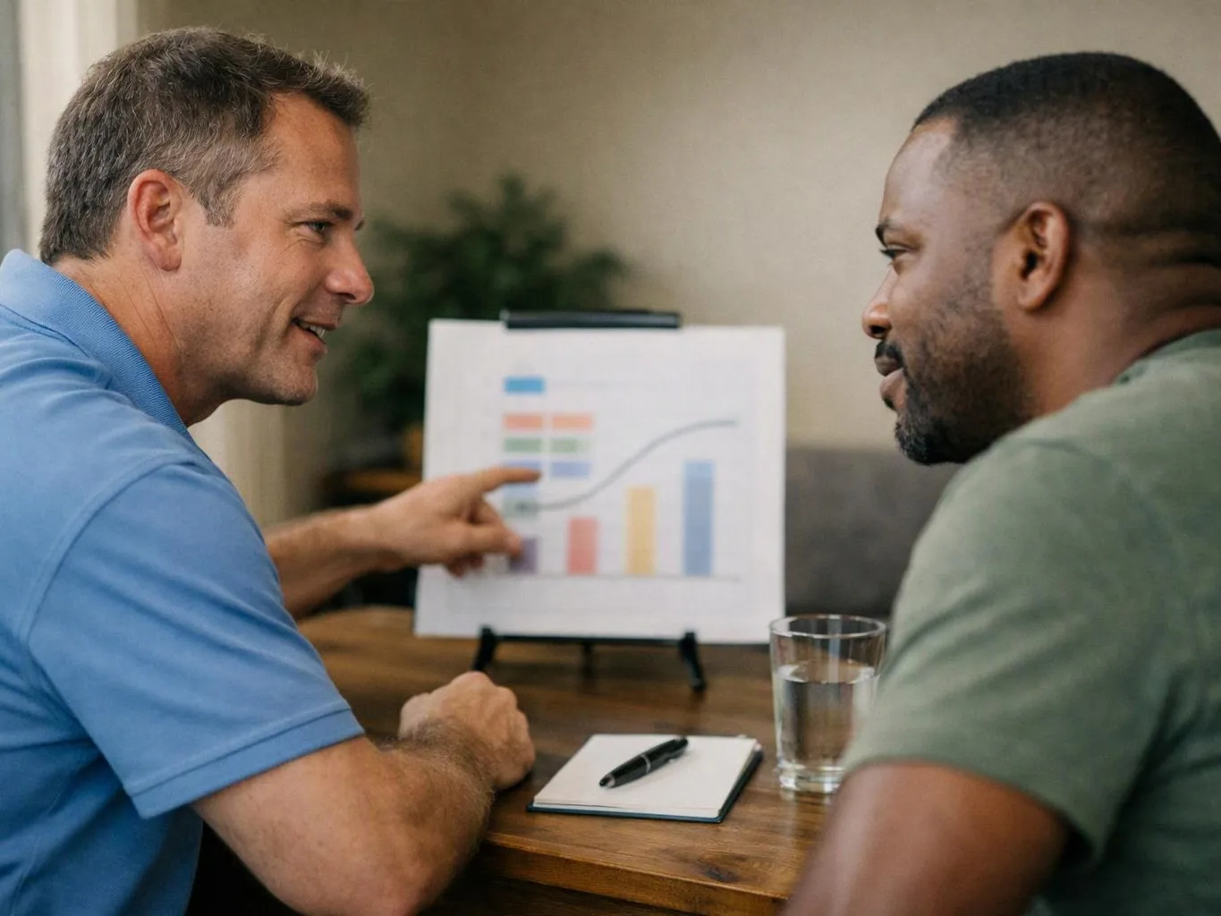 Two men sit at a table, talking over a chart on a small easel in a bright room