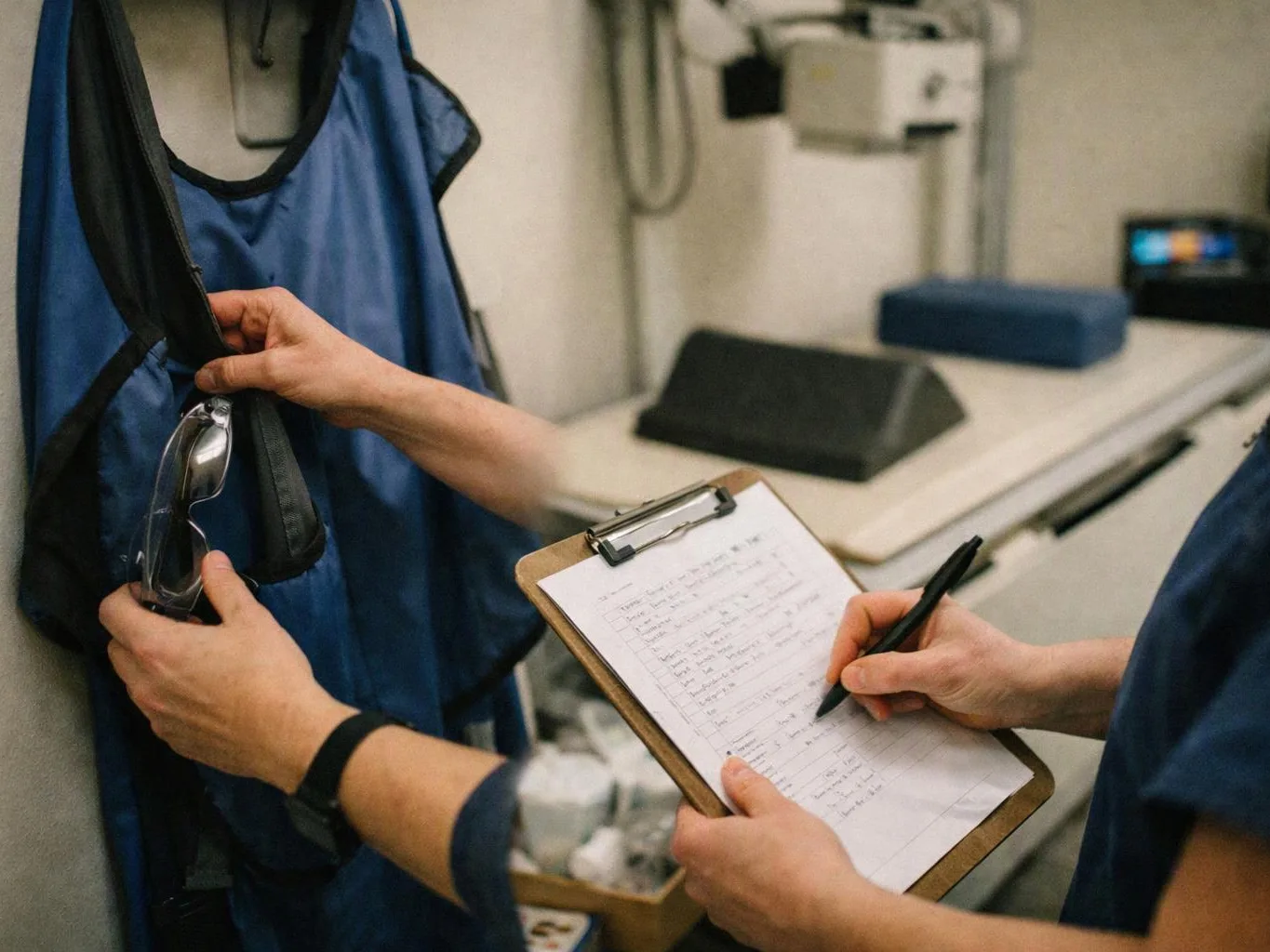 Two people in blue vests handle protective gear and write on a clipboard in a lab-like room