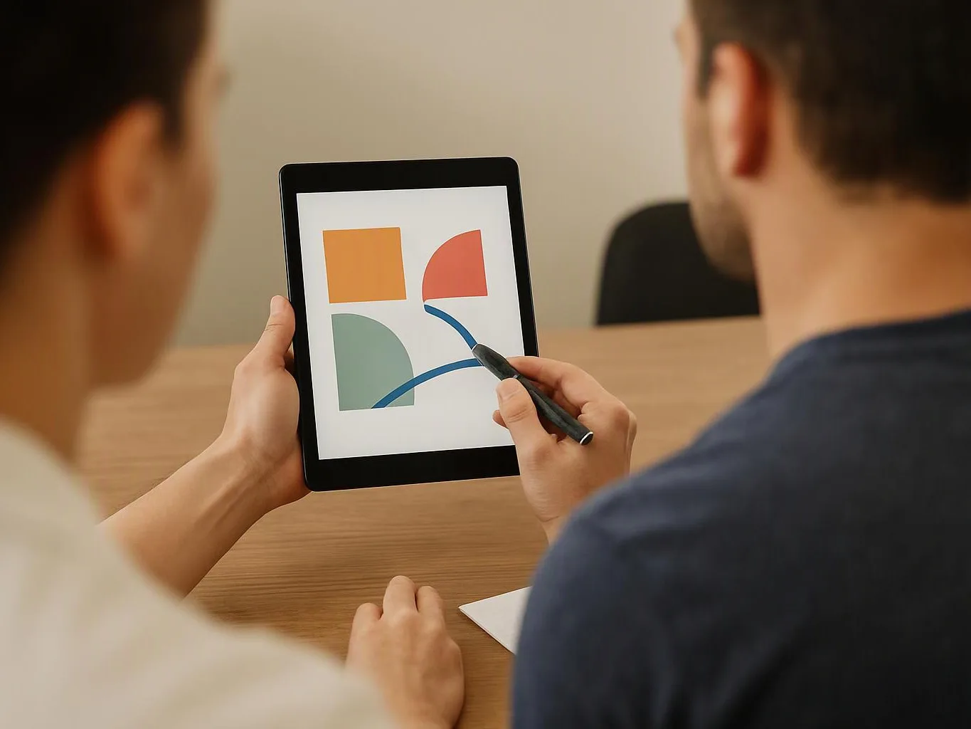 Two people examine a tablet showing colorful abstract shapes while one points with a stylus at a wooden table