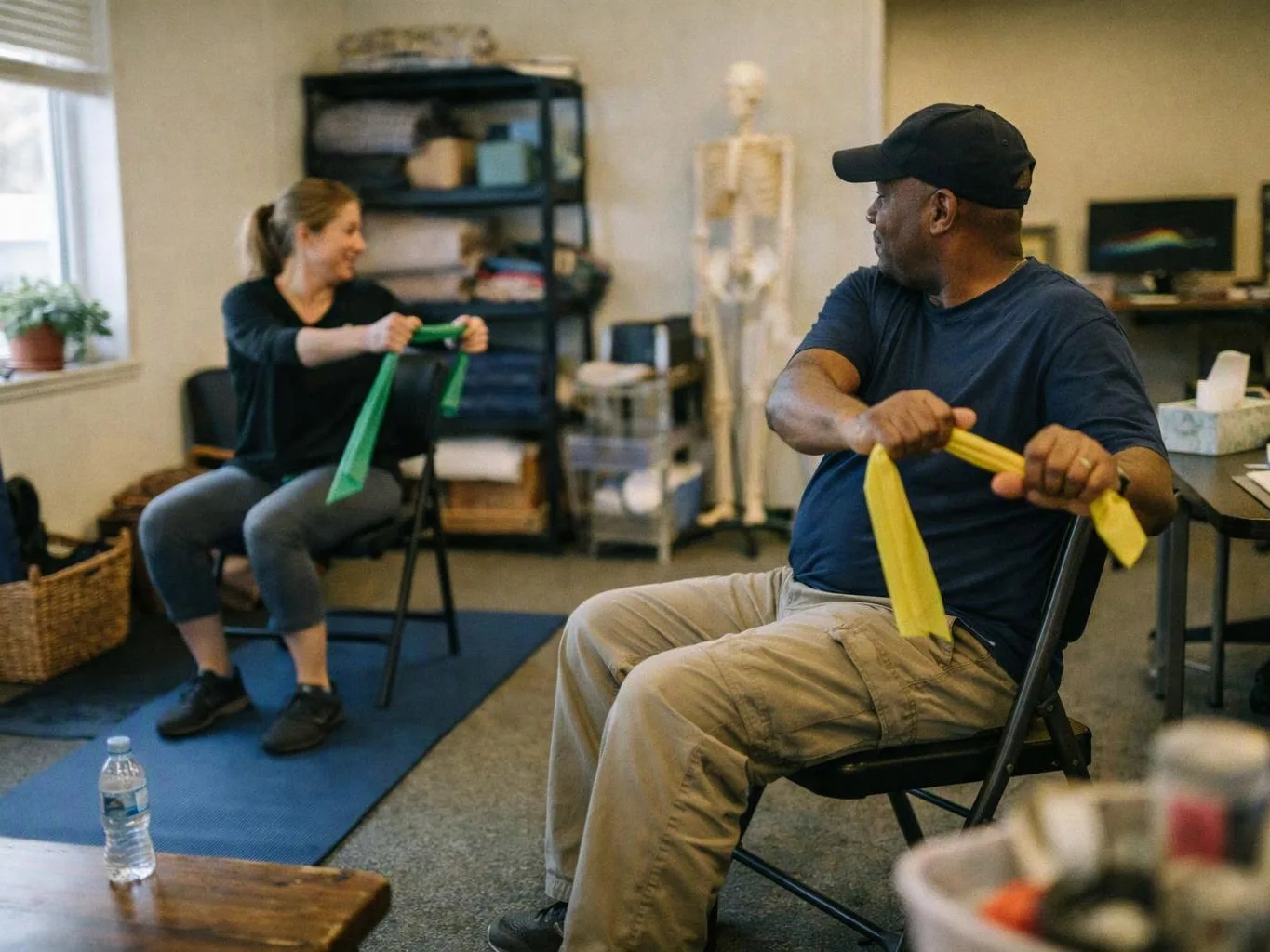 Two people sit on folding chairs doing resistance band exercises in a small therapy room