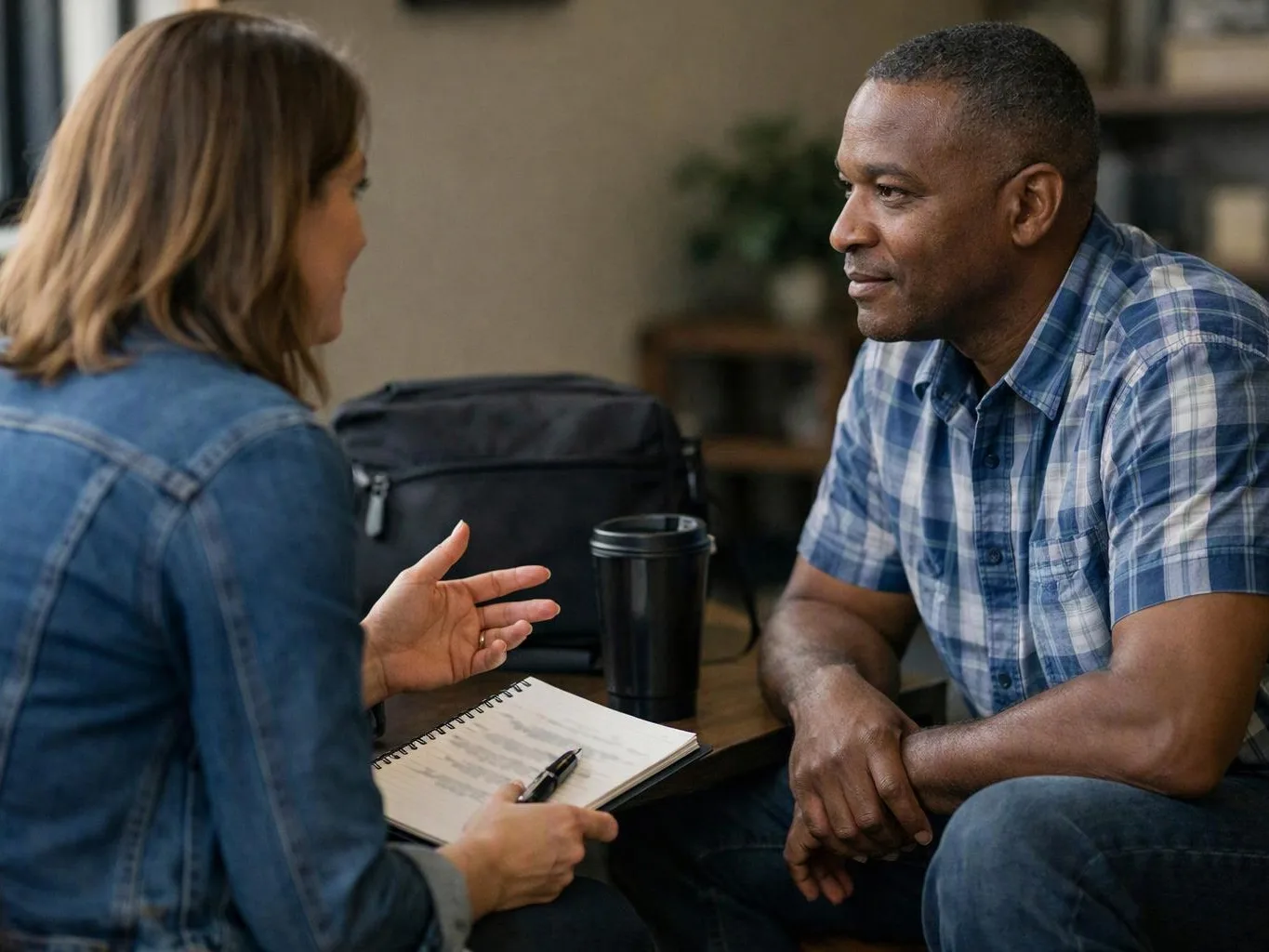 Two people sit at a table, talking across a notebook and coffee cup in a casual indoor setting
