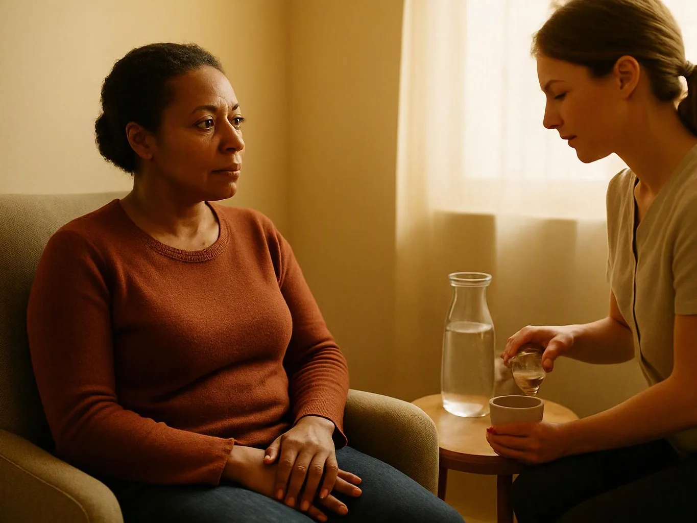 Two women sit in a warm room, one pouring water into a cup beside a glass carafe