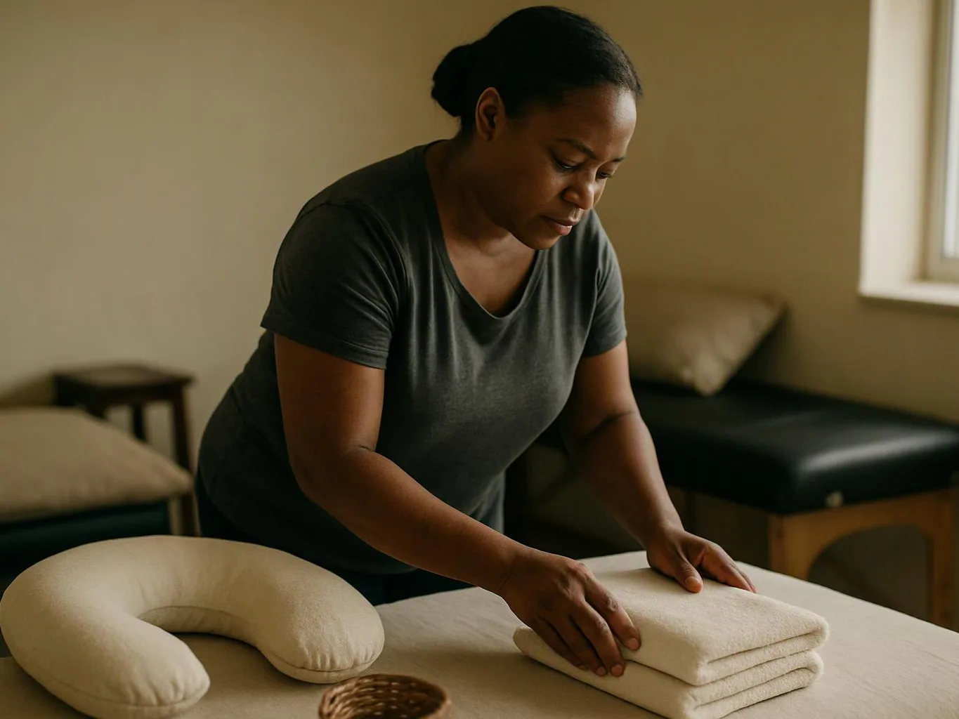 A woman folds white towels on a table in a calm massage room