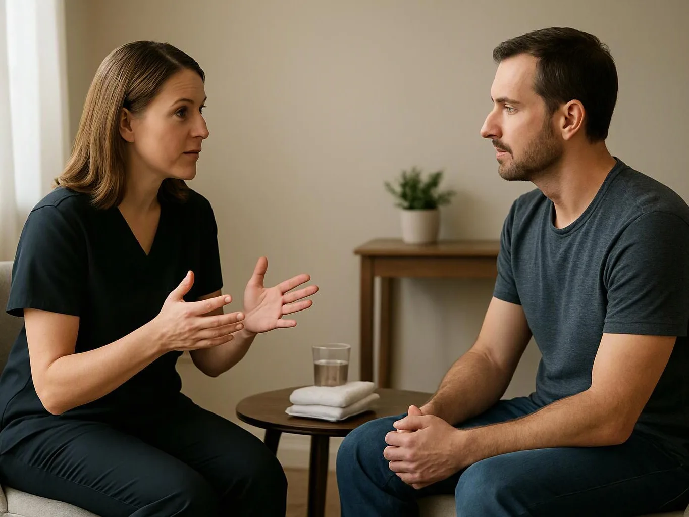 A woman gestures while speaking to a seated man in a quiet room with a small table and plant
