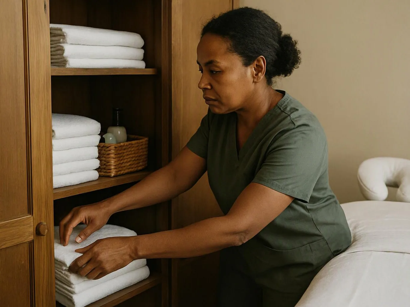 A woman in green scrubs folds white towels on a wooden shelf beside a bed, in a tidy room