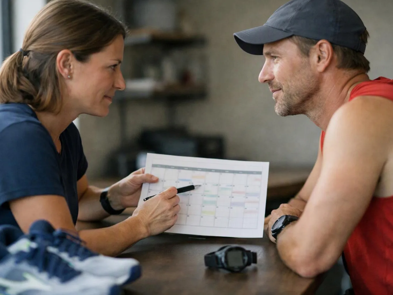 A woman points at a calendar sheet while talking with a man across a table indoors