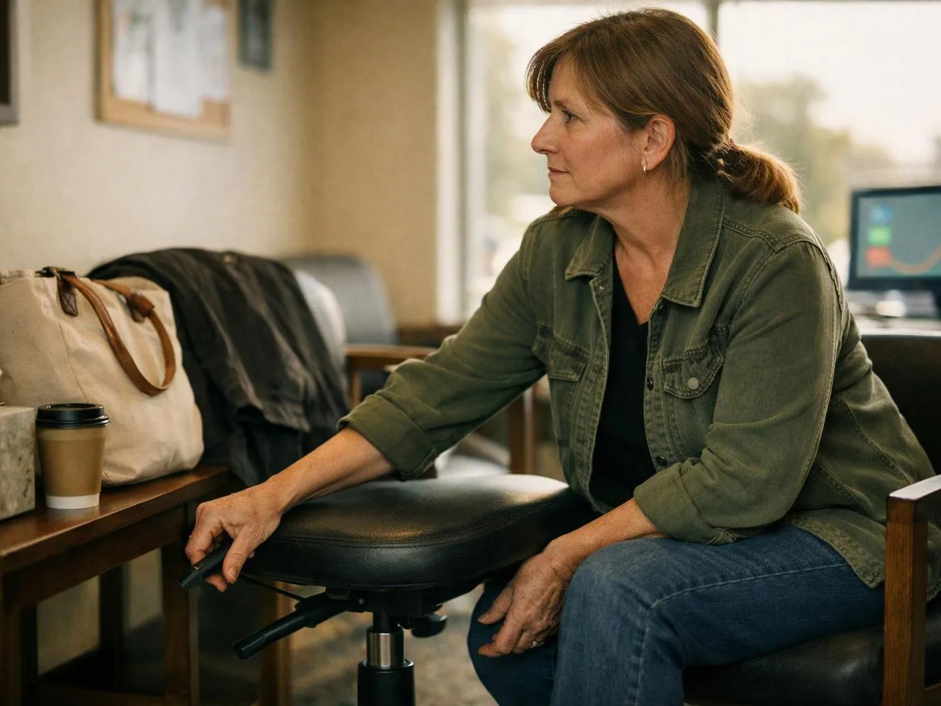 A woman sits beside a stool in a waiting room, holding a phone and looking to the side