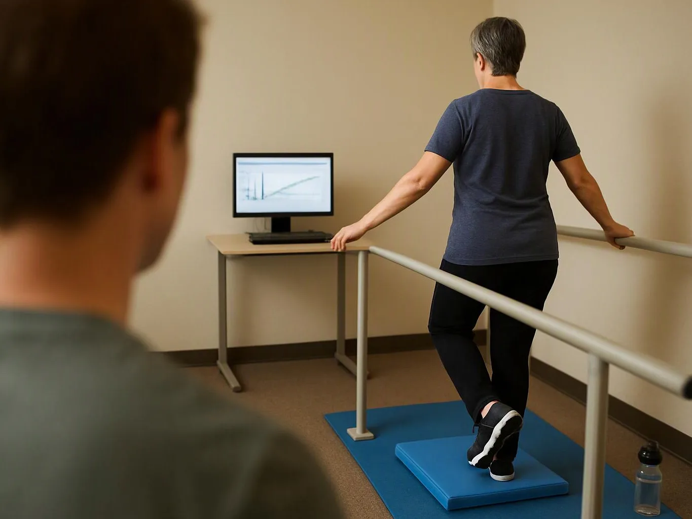 A woman stands on a blue balance platform between railings while a man watches a monitor in a rehab room