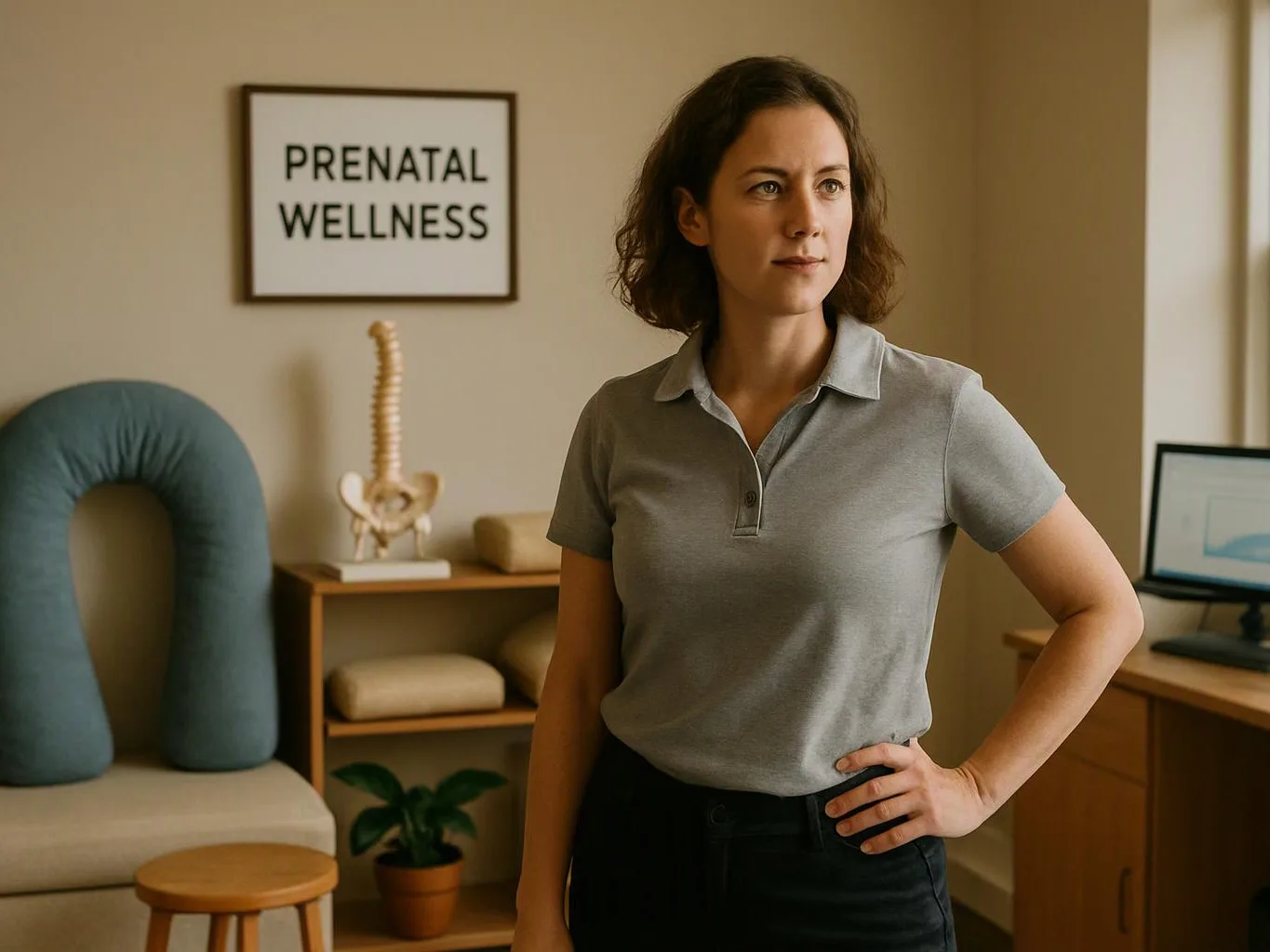 A woman stands in a wellness room beside a prenatal sign, with a spine model and treatment props behind her