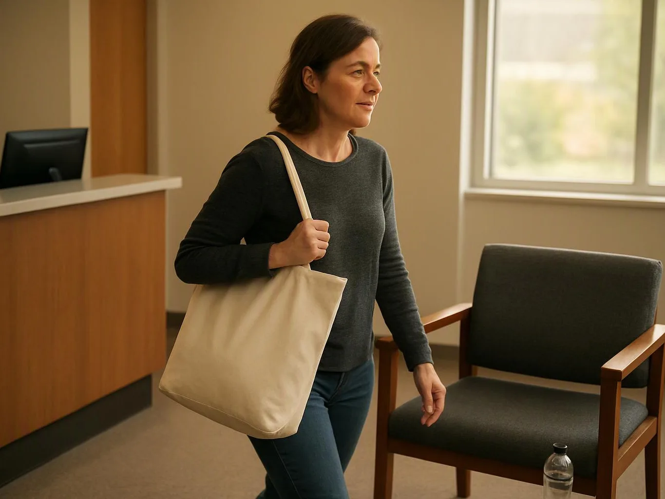 A woman with a tote bag walks through a bright waiting room past a chair and water bottle