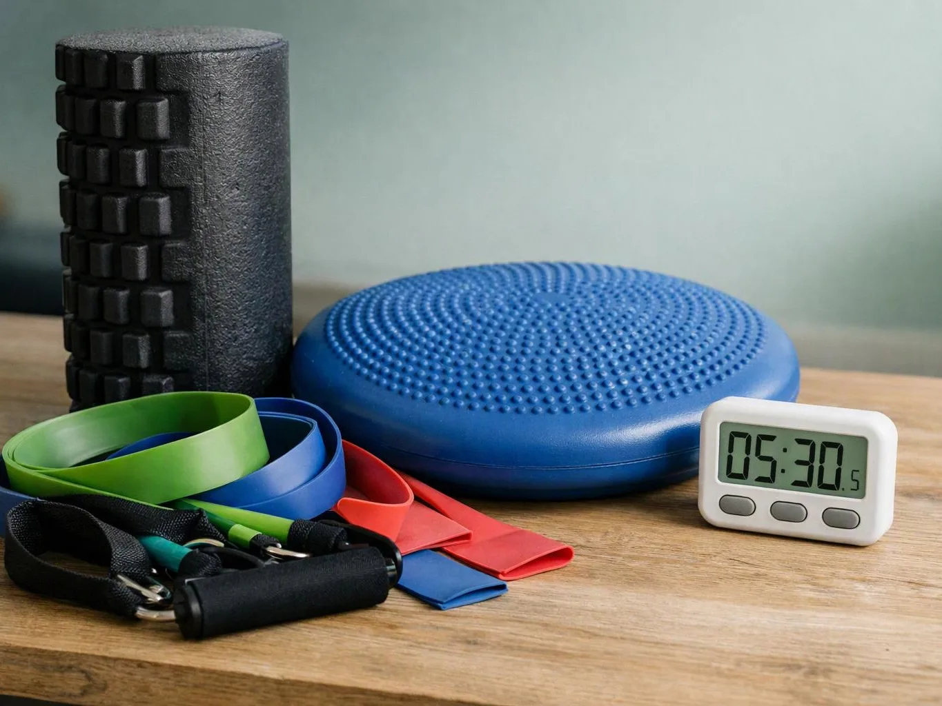 Workout gear sits on a wooden table, with exercise bands, a foam roller, a balance cushion, and a digital timer showing 05:30